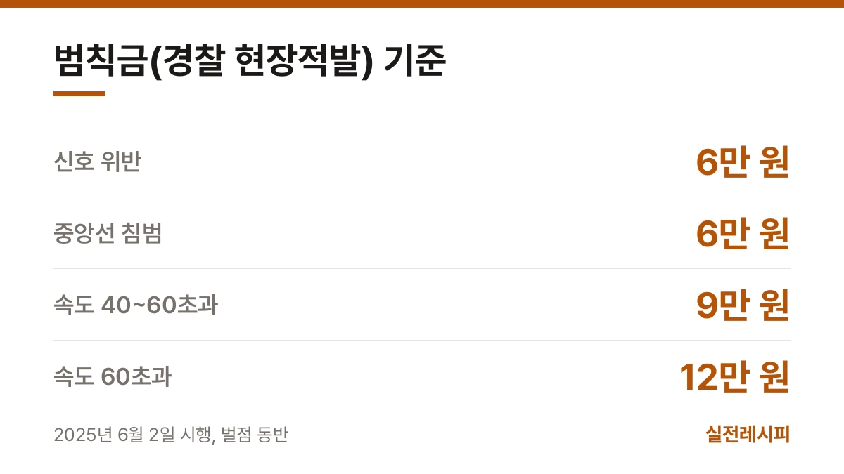 범칙금(경찰 현장적발) 기준 — 한 장 요약