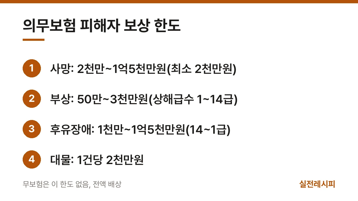 의무보험 피해자 보상 한도 — 한 장 요약